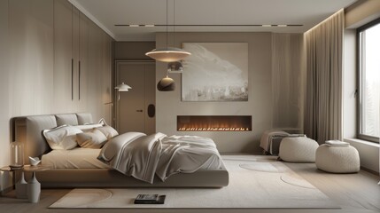 Elegant bedroom design in light beige tones with a sleek, modern fireplace and a low-hanging pendant light,