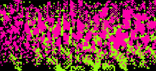 Abstract neon pink and green colorful background with pixel glitches.