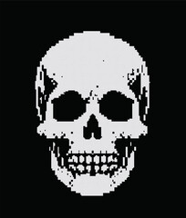 Pixel art of a human skull on a dark background. Retro 8-bit style vector illustration.