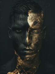 A modern layout for a high-end portrait shoot that combines poster style with elements of contemporary graphic design. Graphic shapes and elements on the model's face, using black and gold colors.