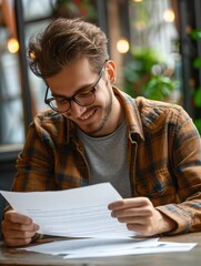 A cheerful and optimistic young man reviewing his CV prior to submitting a job application.