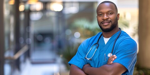 African-American male nurse with folded arms in medical conference exuding assurance and honesty. Image of healthcare professional in authoritative role with associate nursing guidance 
