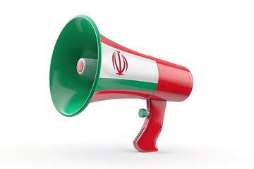 Megaphone with Iranian flag, 3D rendering isolated on white background