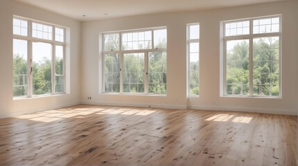 modern empty living room with white walls, wooden floors, and large windows. side view