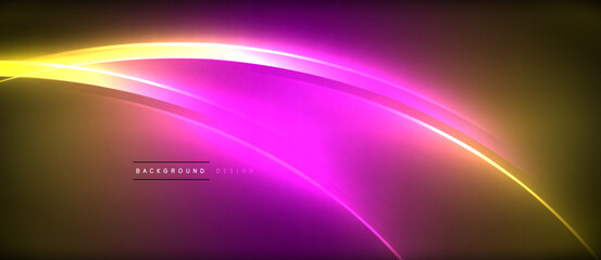 A neon purple and yellow wave creates a striking visual effect against a dark background, resembling automotive lighting technology in electric blue and magenta tones