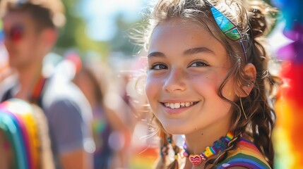 Fototapeta premium A young girl smiles at the camera at a pride parade. She is wearing a rainbow shirt and a rainbow necklace. Her hair is in a ponytail and she has a rainbow headband on.