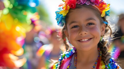 A young girl smiles at the camera while wearing a rainbow flower crown and colorful beads around her neck.
