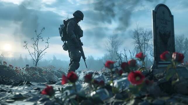 War Concept. Military silhouettes fighting scene on war cemetery background, 3d render