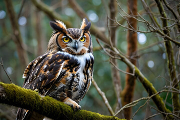 A great horned owl resting on a branch