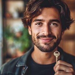 Young professional proudly holds their first home s keys after years of saving for financial planning concept with copyspace