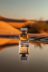 A bottle of perfume stands on an evening desert landscape with a reflective surface