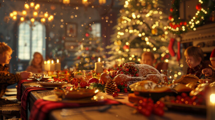 A warm festive holiday dinner with family aglow with Christmas cheer