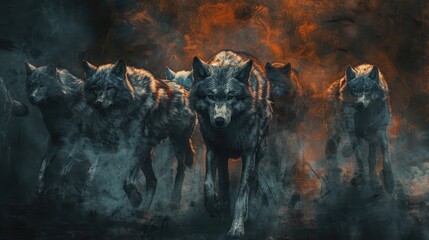 Pack of wolves, their fur textures mimicked with watercolor washes under dim, evocative lighting,