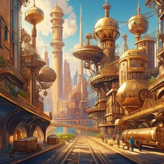 A futuristic steampunk cityscape with towering brass buildings, intricate gear mechanisms