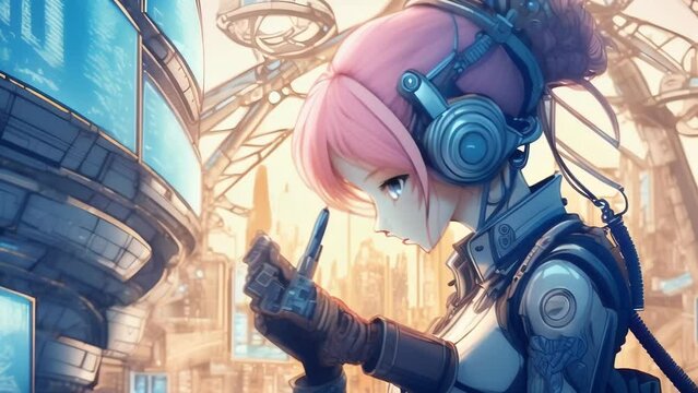A cyberpunk engineer with pink hair and headphones is focused on working with advanced technology in a futuristic city. 