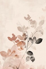 Japandi-Inspired Botanical Line Art: Digital Illustration with Muted Earth Tones & Organic Textures