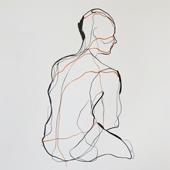 Single Line Drawing: Person in Back Pain Outline, Minimalistic Style, Black Line on White with Orange Accent