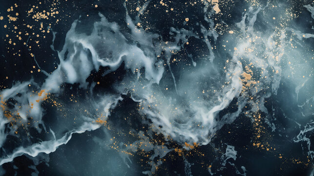 Photo depicting the deep blue and swirling textures of an ocean abyss, accented with golden flecks and white foam