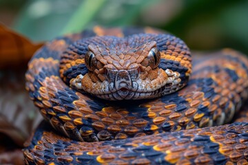 Fototapeta premium Gaboon Adder: Coiled on forest floor with broad head and camouflage pattern, representing ambush predator.
