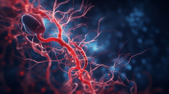 Human circulatory system, showing the nervous system and blood vessels.