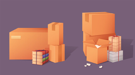 Cardboard box with stuff for house or office move concept. Cartoon vector illustration set of stacks of brown carton packages with books and documents. New house and moving paper packs with belongings