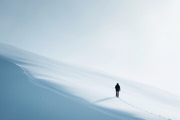 Solitary figure trekking across a pristine snowy landscape, a metaphor for solitude and the journey of self-discovery in a vast, empty expanse - AI generated