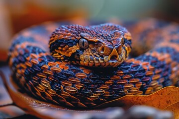 Fototapeta premium Gaboon Adder: Coiled on forest floor with broad head and camouflage pattern, representing ambush predator.