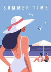 Summer time. Concept of summer party, vacation and travel. Woman on the beach in a swimsuit and hat. People sunbathing on the shore. Vector illustration in minimalistic style.