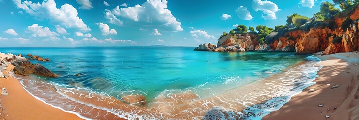 Landscape, sandy seashore and turquoise water, blue sky with white clouds realistic nature and...