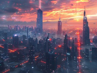 Futuristic metropolis under a dazzling twilight sky with towering skyscrapers and neon lit cityscape