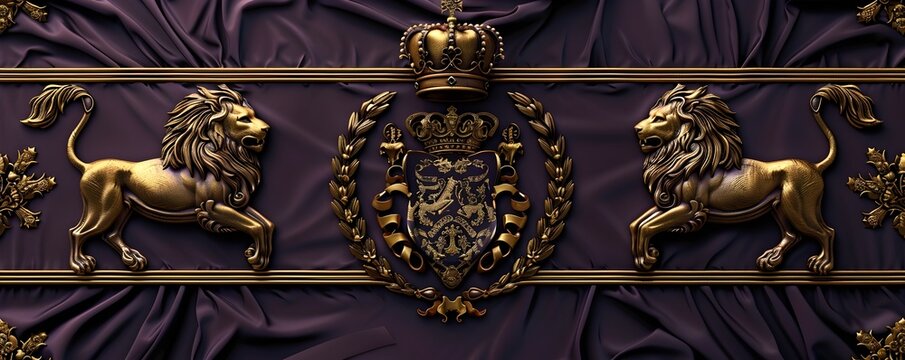 an ornate heraldic crest design featuring a pair of majestic golden lions flanking a resplendent crown - Powered by Adobe