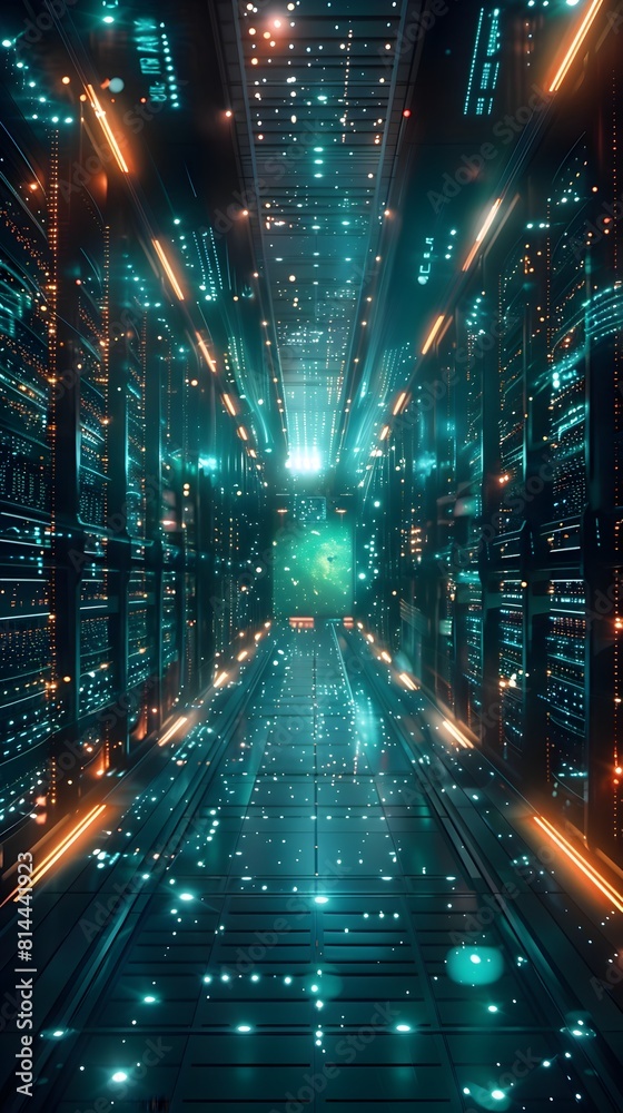 Poster futuristic quantum computing room with glowing data streams and advanced technology