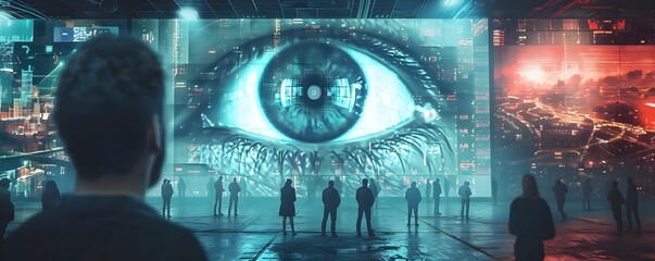 Futuristic Government Surveillance Center Monitoring Citizens in Dystopian Urban Cityscape