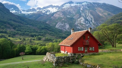 Obraz premium Aislada Casa Roja en la Montaña: Belleza del Norte de Europa
