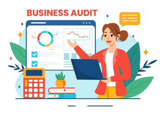 Fototapeta premium Business Audit Documents Vector Illustration with Charts, Accounting, Calculations and Financial Report Analysis in Flat Cartoon Background