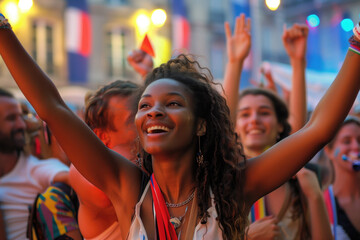 Young woman celebrating at a festival with friends in the background