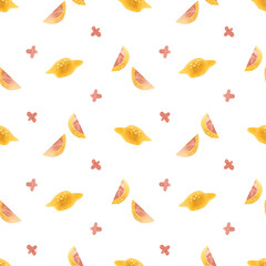 Lemons, lemon slices and pink lemon flowers. Seamless watercolor pattern for fabric, wallpaper, wrapping paper, packaging cosmetics, tablecloths, curtains and home textiles.