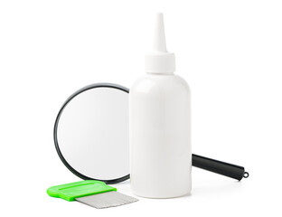 Medicine, lice comb and magnifying glass isolated on white