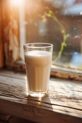 A single glass of milk on a weathered wooden windowsill, bathed in warm golden sunlight streaming through the window, creating a peaceful and nostalgic atmosphere, world milk day