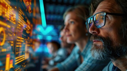 A diverse team of professionals engages in a dynamic brainstorming session, analyzing data charts and graphs projected onto a large screen. Their collaborative efforts reflect the spirit of