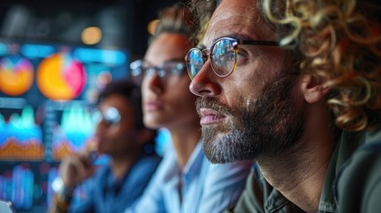 A diverse team of professionals engages in a dynamic brainstorming session, analyzing data charts and graphs projected onto a large screen. Their collaborative efforts reflect the spirit of