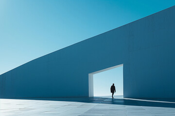 Silhouetted figure walking through a minimalist blue architectural structure, showcasing modern design and the concept of open spaces - AI generated