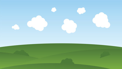Obraz premium green hill with white fluffy cloud and blue sky. landscape cartoon scene background