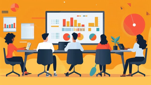A diverse team of professionals engages in a dynamic brainstorming session, analyzing data charts and graphs projected onto a large screen. Their collaborative efforts reflect the spirit of