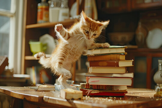 Funny Animal Commercial: a humorous scenario from animals, a clumsy cat knocking over a stack of books stealing a sandwich.