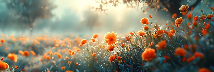 Landscape shot of orange flowers in a feild realistic nature and landscape