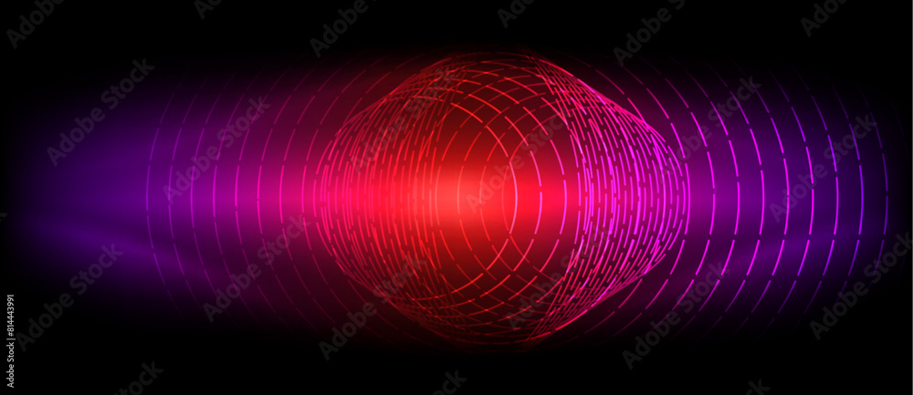Poster an electric blue and magenta sound wave pattern in a circle on a black background, creating a striki