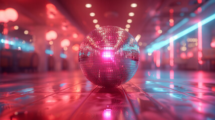 Disco ball in a room illuminated with neon pink light