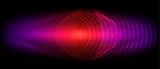 An electric blue and magenta sound wave pattern in a circle on a black background, creating a striking contrast of tints and shades with a hint of darkness and peach undertones © antishock