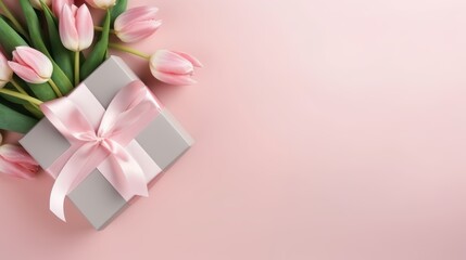 A beautiful bouquet of pink tulips with a silver gift box with a pink ribbon on a pink background.